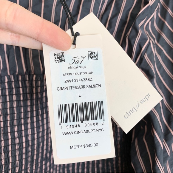 NEW Cinq à Sept Houston Striped Smocked Peplum Top *Graphite/Dark Salmon* Sz L - Picture 14 of 16